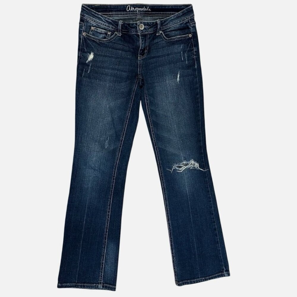 Aeropostale Womens 2 Low-Rise Cotton Denim Chelsea Bootcut Distressed Blue Jeans